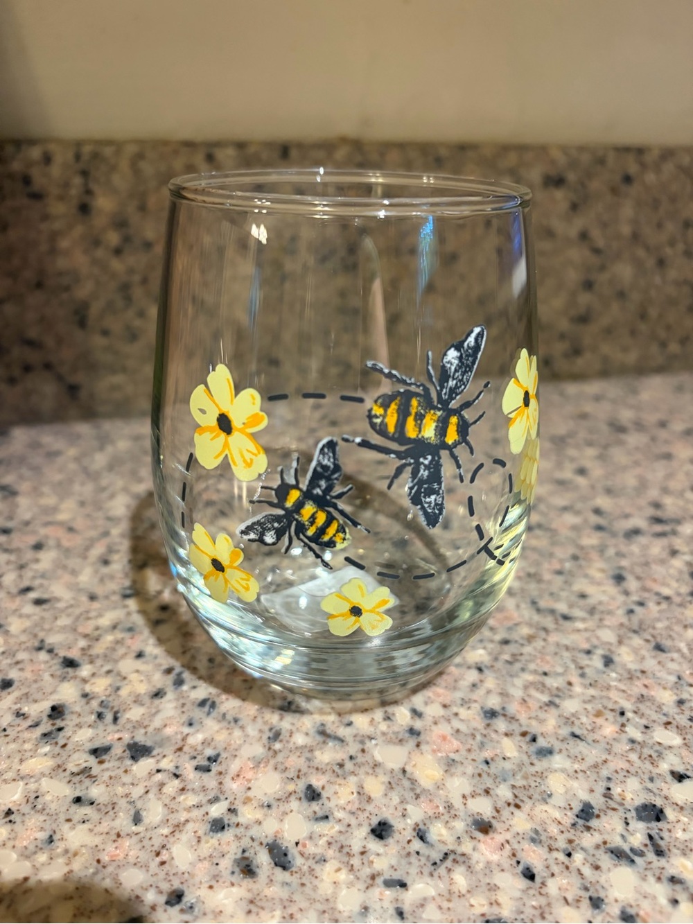 Bee & Floral Stemless Wine Glass (4)- Yellow Bee Design
